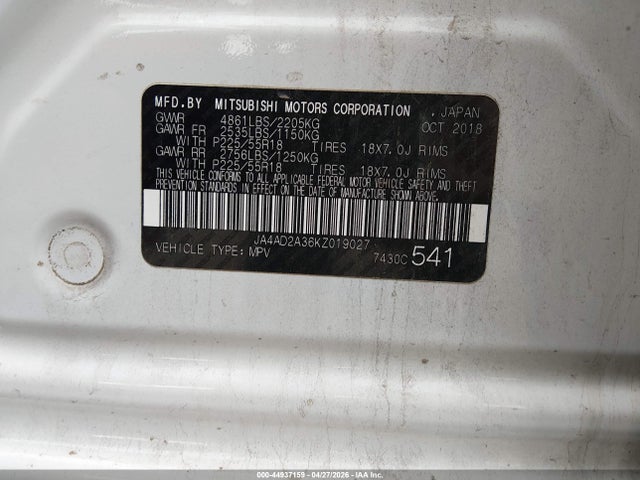 Aukcja sprzedaży 2019 Mitsubishi Outlander Es, vin: JA4AD2A36KZ019027, numer aukcji: 44937159
