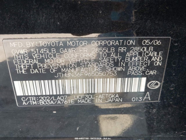Продажа на аукционе авто 2006 Lexus Ls 430, vin: JTHBN36F965050753, номер лота: 44937160
