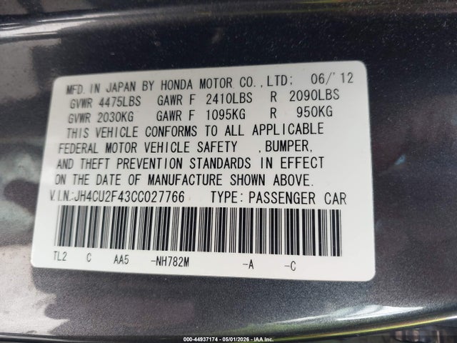 44937174 :رقم المزاد ، JH4CU2F43CC027766 vin ، 2012 Acura Tsx 2.4 مزاد بيع
