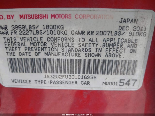 Aukcja sprzedaży 2012 Mitsubishi Lancer Es, vin: JA32U2FU3CU016255, numer aukcji: 44937179