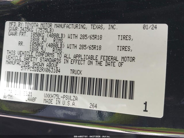 2024 Toyota Tundra Hybrid Trd Pro 4wd მანქანა იყიდება აუქციონზე, vin: 5TFPC5DB2RX063104, აუქციონის ნომერი: 44937181
