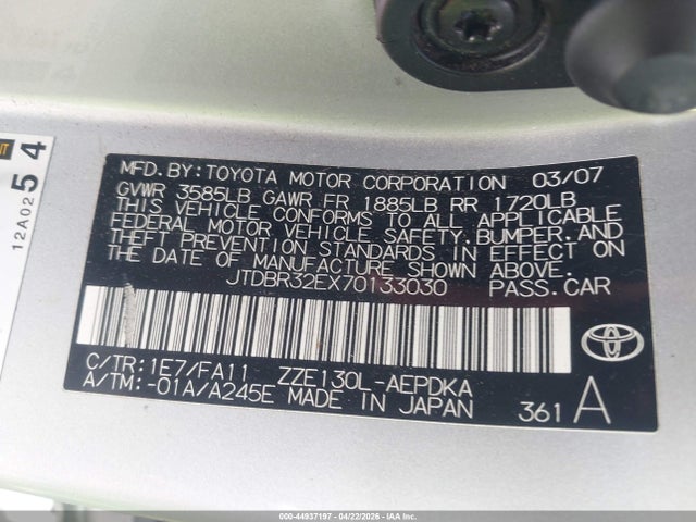 Aukcja sprzedaży 2007 Toyota Corolla Ce, vin: JTDBR32EX70133030, numer aukcji: 44937197