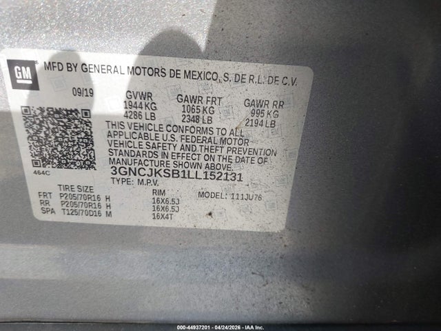 2020 Chevrolet Trax Fwd Ls მანქანა იყიდება აუქციონზე, vin: 3GNCJKSB1LL152131, აუქციონის ნომერი: 44937201