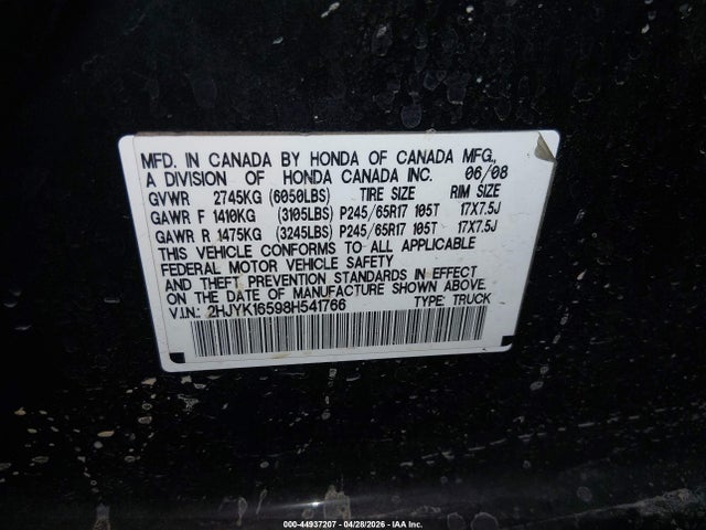 2008 Honda Ridgeline Rtl მანქანა იყიდება აუქციონზე, vin: 2HJYK16598H541766, აუქციონის ნომერი: 44937207