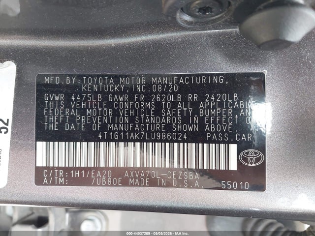 2020 Toyota Camry Se მანქანა იყიდება აუქციონზე, vin: 4T1G11AK7LU986024, აუქციონის ნომერი: 44937209