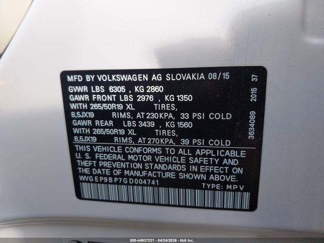 Aukcja sprzedaży 2016 Volkswagen Touareg Tdi Lux, vin: WVGEP9BP7GD004741, numer aukcji: 44937221