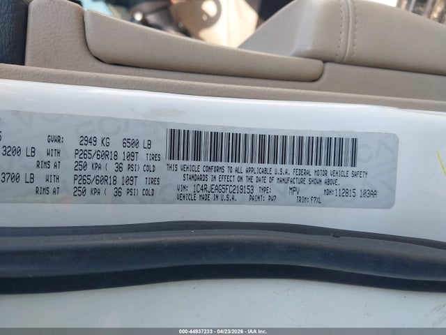 2015 Jeep Grand Cherokee Laredo მანქანა იყიდება აუქციონზე, vin: 1C4RJEAG5FC219153, აუქციონის ნომერი: 44937233