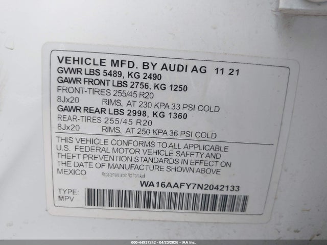 Продажа на аукционе авто 2022 Audi Q5 Sportback Prestige 45 Tfsi S Line Quattro S Tronic, vin: WA16AAFY7N2042133, номер лота: 44937242