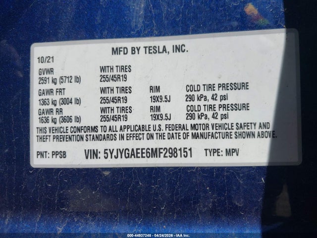 Aukcja sprzedaży 2021 Tesla Model Y Long Range Dual Motor All-wheel Drive, vin: 5YJYGAEE6MF298151, numer aukcji: 44937248