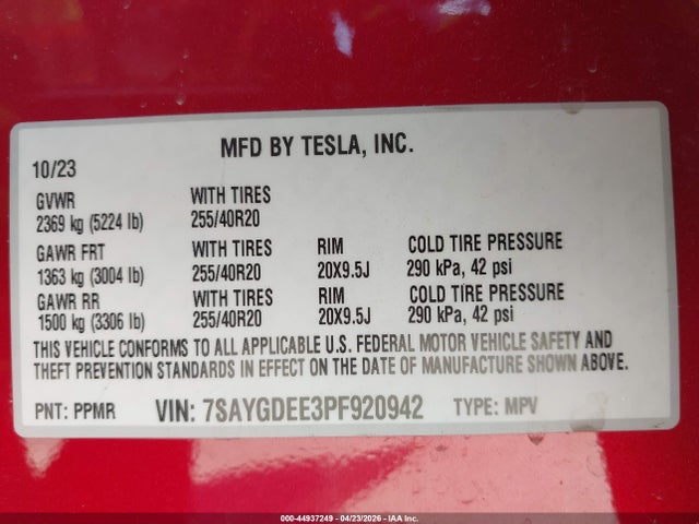 Aukcja sprzedaży 2023 Tesla Model Y Awd/long Range Dual Motor All-wheel Drive, vin: 7SAYGDEE3PF920942, numer aukcji: 44937249