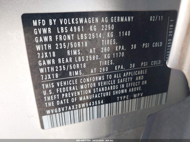 Продажа на аукционе авто 2011 Volkswagen Tiguan Sel, vin: WVGBV7AX2BW543554, номер лота: 44937254