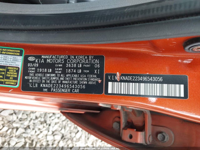 Продаж на аукціоні авто 2009 Kia Rio Lx, vin: KNADE223496543056, номер лоту: 44937258