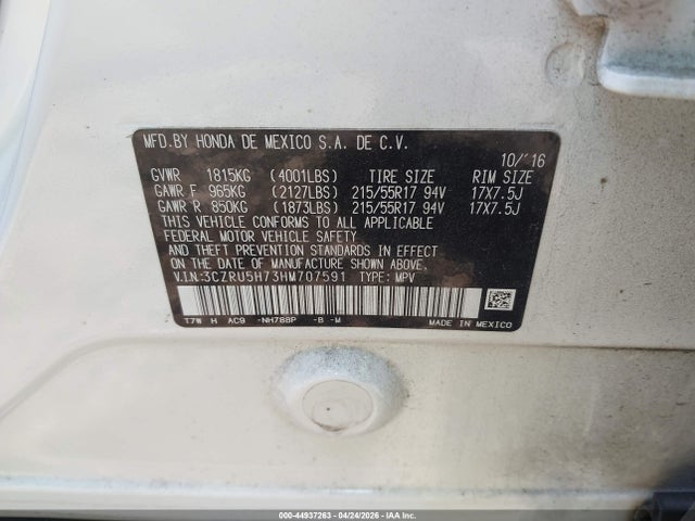 Aukcja sprzedaży 2017 Honda Hr-v Ex-l, vin: 3CZRU5H73HM707591, numer aukcji: 44937263