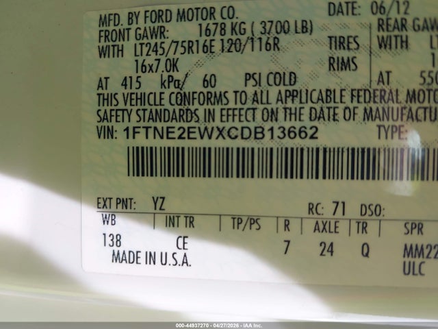 Продаж на аукціоні авто 2012 Ford E-250 Commercial, vin: 1FTNE2EWXCDB13662, номер лоту: 44937270