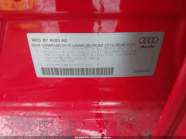 44937278 :رقم المزاد ، WAUPL68E94A277252 vin ، 2004 Audi S4 4.2 مزاد بيع