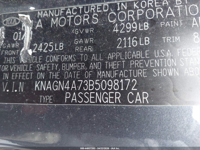 Aukcja sprzedaży 2011 Kia Optima Ex, vin: KNAGN4A73B5098172, numer aukcji: 44937283
