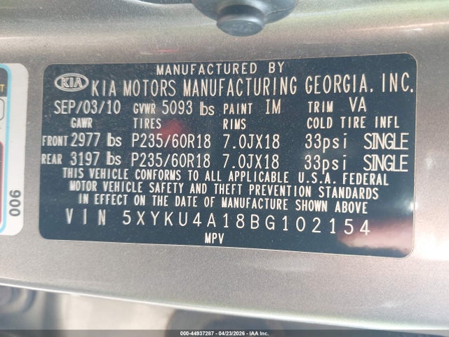 2011 Kia Sorento Ex მანქანა იყიდება აუქციონზე, vin: 5XYKU4A18BG102154, აუქციონის ნომერი: 44937287