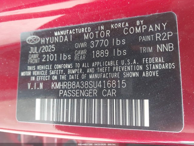 44937295 :رقم المزاد ، KMHRB8A38SU416815 vin ، 2025 Hyundai Venue Se مزاد بيع