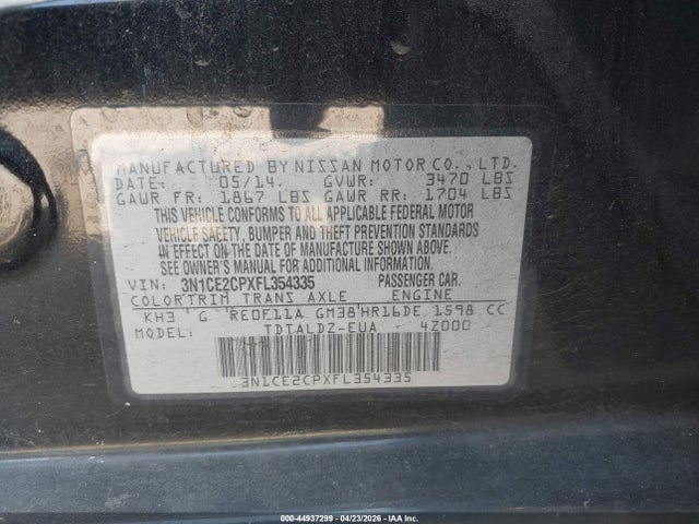 3N1CE2CPXFL354335 Nissan Versa Note Sv
