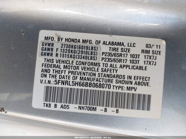 44937310 :رقم المزاد ، 5FNRL5H66BB068070 vin ، 2011 Honda Odyssey Ex-l مزاد بيع