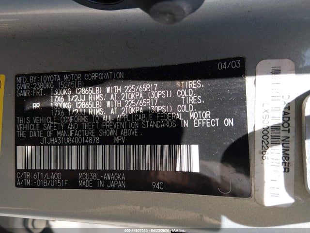 Aukcja sprzedaży 2004 Lexus Rx 330, vin: JTJHA31U840014878, numer aukcji: 44937313