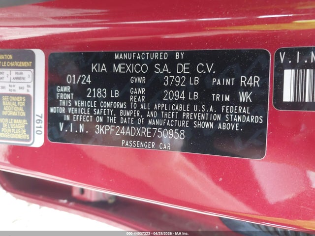 Продаж на аукціоні авто 2024 Kia Forte Lxs, vin: 3KPF24ADXRE750958, номер лоту: 44937323