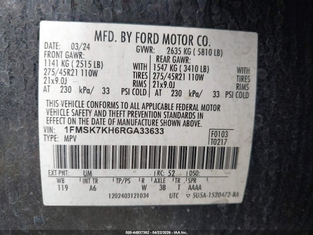 Aukcja sprzedaży 2024 Ford Explorer St-line, vin: 1FMSK7KH6RGA33633, numer aukcji: 44937362