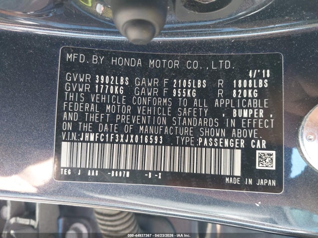 Aukcja sprzedaży 2018 Honda Civic Ex-t, vin: JHMFC1F3XJX016593, numer aukcji: 44937367
