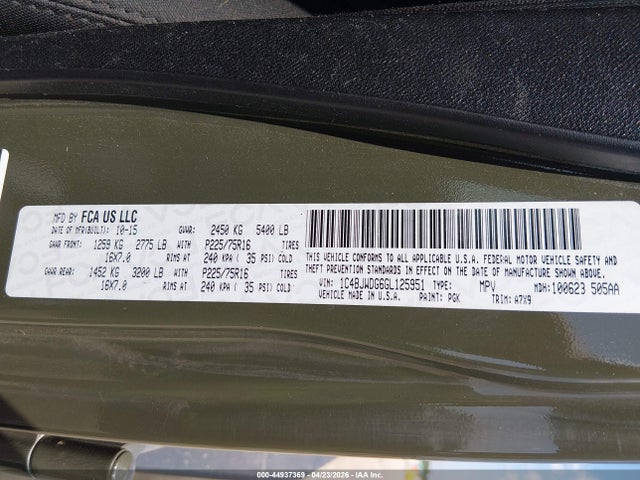 Aukcja sprzedaży 2016 Jeep Wrangler Unlimited Sport, vin: 1C4BJWDG6GL125951, numer aukcji: 44937369