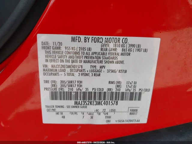 44937370 :رقم المزاد ، MAJ3S2KE3MC401578 vin ، 2021 Ford Ecosport Titanium مزاد بيع