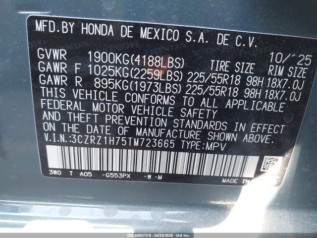 3CZRZ1H75TM723665 Honda Hr-v 2wd Ex-l