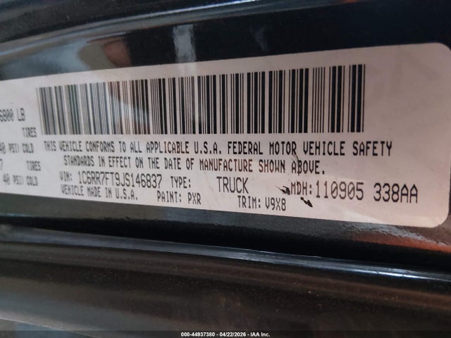 44937380 :رقم المزاد ، 1C6RR7FT9JS146837 vin ، 2018 Ram 1500 Tradesman  4x4 6'4 Box مزاد بيع