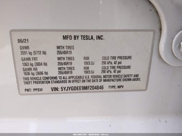 Продаж на аукціоні авто 2021 Tesla Model Y Long Range Dual Motor All-wheel Drive, vin: 5YJYGDEE9MF204846, номер лоту: 44937397