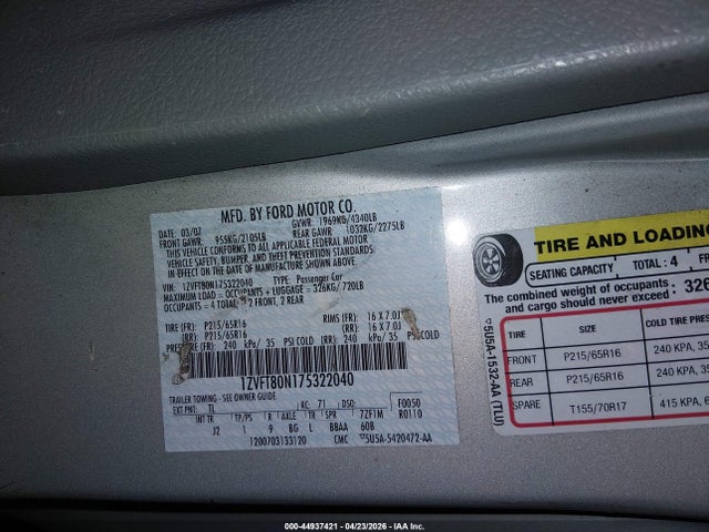 Aukcja sprzedaży 2007 Ford Mustang V6 Deluxe/v6 Premium, vin: 1ZVFT80N175322040, numer aukcji: 44937421