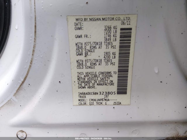 Aukcja sprzedaży 2011 Nissan Titan Pro-4x, vin: 1N6BA0EC6BN323805, numer aukcji: 44937423