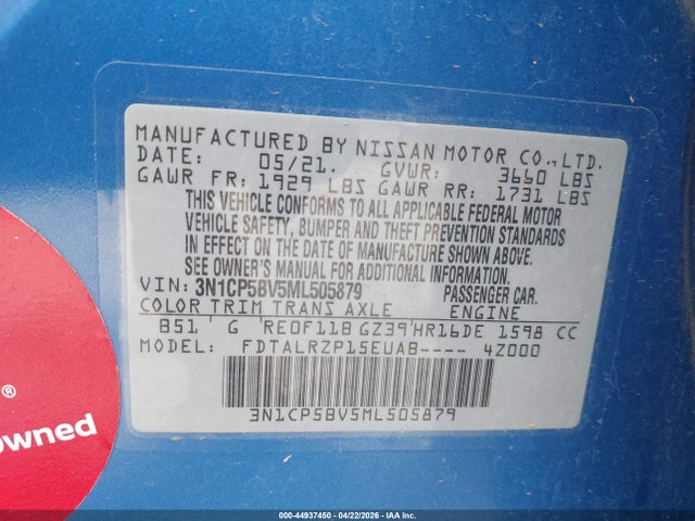 44937450 :رقم المزاد ، 3N1CP5BV5ML505879 vin ، 2021 Nissan Kicks S Xtronic Cvt مزاد بيع