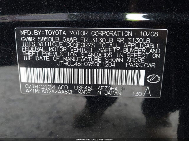 Aukcja sprzedaży 2009 Lexus Ls 460, vin: JTHCL46F095001204, numer aukcji: 44937460