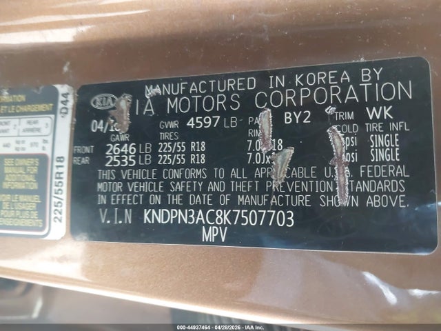 Aukcja sprzedaży 2019 Kia Sportage Ex, vin: KNDPN3AC8K7507703, numer aukcji: 44937464