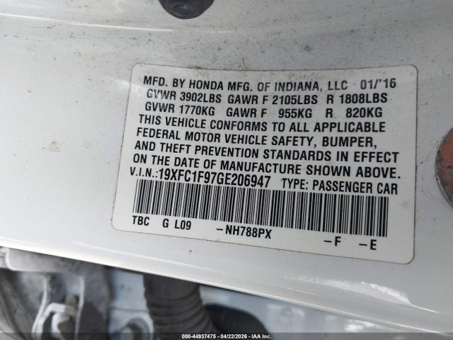 Honda Civic Touring 2016 19XFC1F97GE206947 Image 9