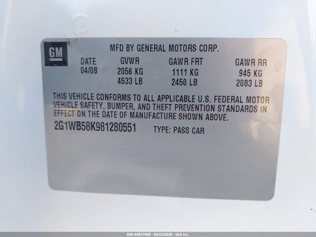 2008 Chevrolet Impala Ls მანქანა იყიდება აუქციონზე, vin: 2G1WB58K981280551, აუქციონის ნომერი: 44937490