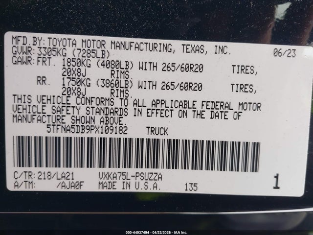 2023 Toyota Tundra Platinum მანქანა იყიდება აუქციონზე, vin: 5TFNA5DB9PX109182, აუქციონის ნომერი: 44937494