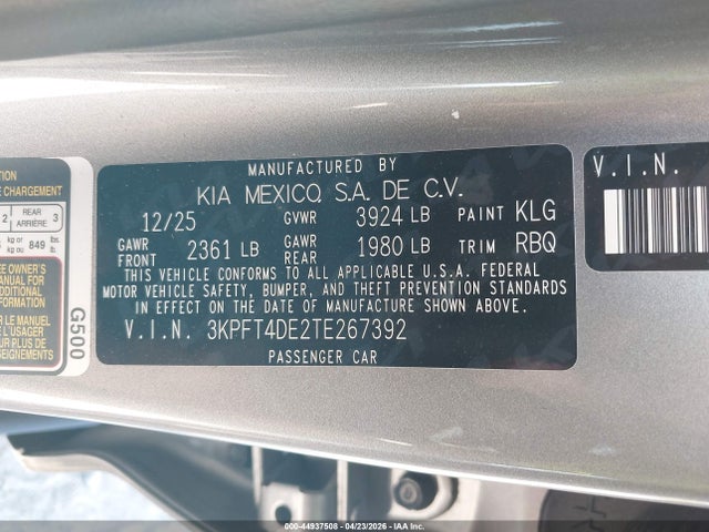 Продажа на аукционе авто 2026 Kia K4 Lxs, vin: 3KPFT4DE2TE267392, номер лота: 44937508