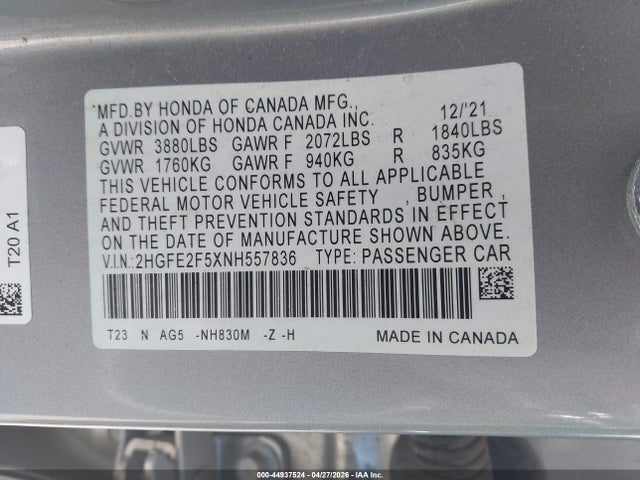 2HGFE2F5XNH557836 Honda Civic Sport
