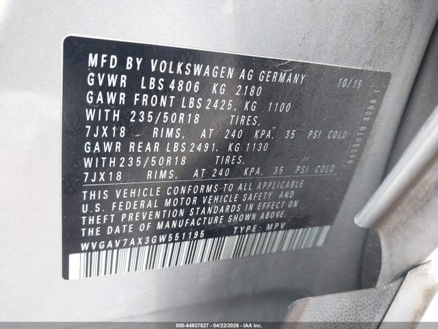 WVGAV7AX3GW551195 Volkswagen TIGUAN SE