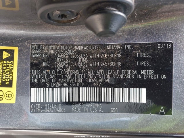 Toyota Highlander Xle 2018 5TDKZRFH6JS541004 Image 9
