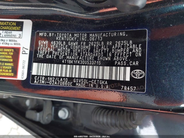 2013 Toyota Camry Xle V6 მანქანა იყიდება აუქციონზე, vin: 4T1BK1FK3DU533715, აუქციონის ნომერი: 44937558