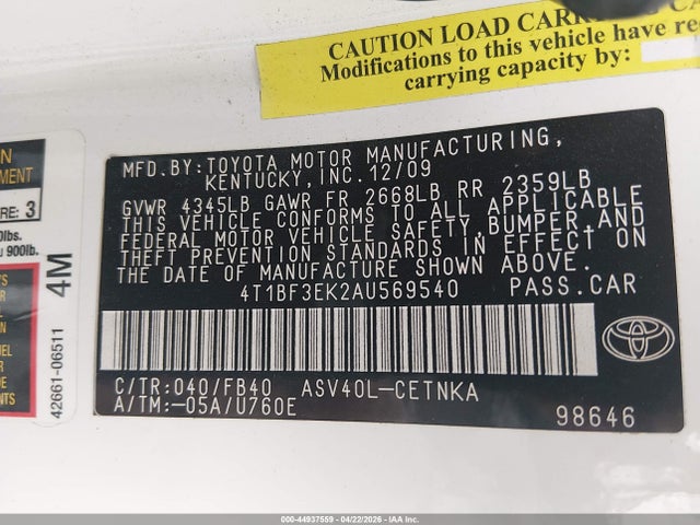 44937559 :رقم المزاد ، 4T1BF3EK2AU569540 vin ، 2010 Toyota Camry مزاد بيع