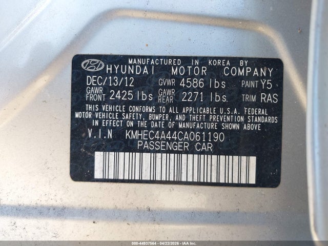 Aukcja sprzedaży 2012 Hyundai Sonata Hybrid, vin: KMHEC4A44CA061190, numer aukcji: 44937564