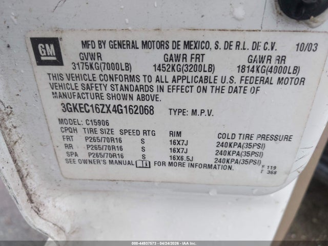 2004 Gmc Yukon Xl 1500 Slt მანქანა იყიდება აუქციონზე, vin: 3GKEC16ZX4G162068, აუქციონის ნომერი: 44937573