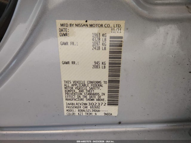 Nissan Altima Sr Fwd 2022 1N4BL4CV2NN302372 Image 9